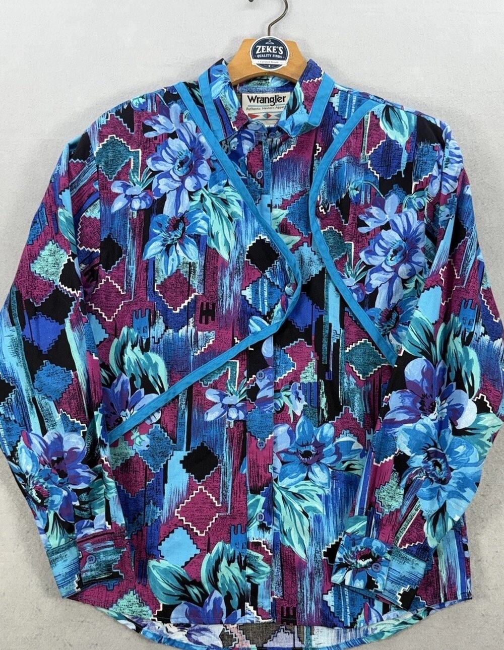 Vintage Wrangler Western Shirt Womens M Southwestern Aztec Floral 100% Cotton